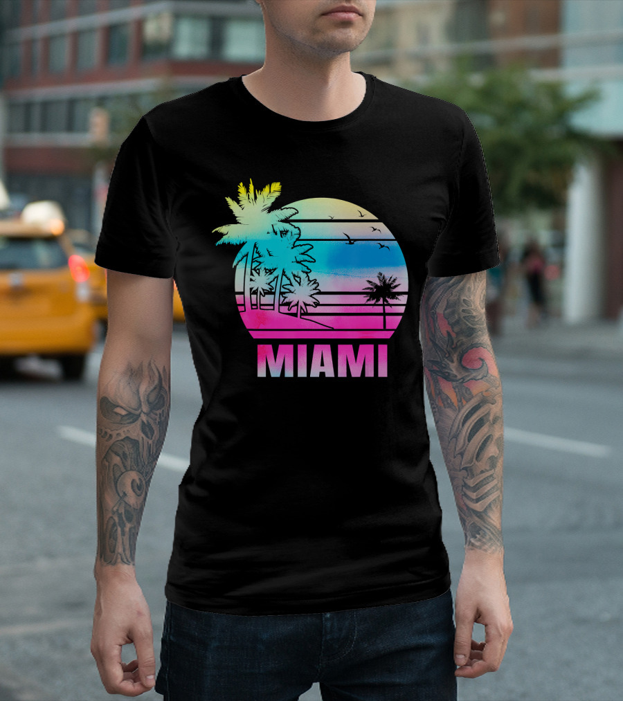 Miami Florida Beach Souvenir Vacation Palm Trees Sunset T-Shirt