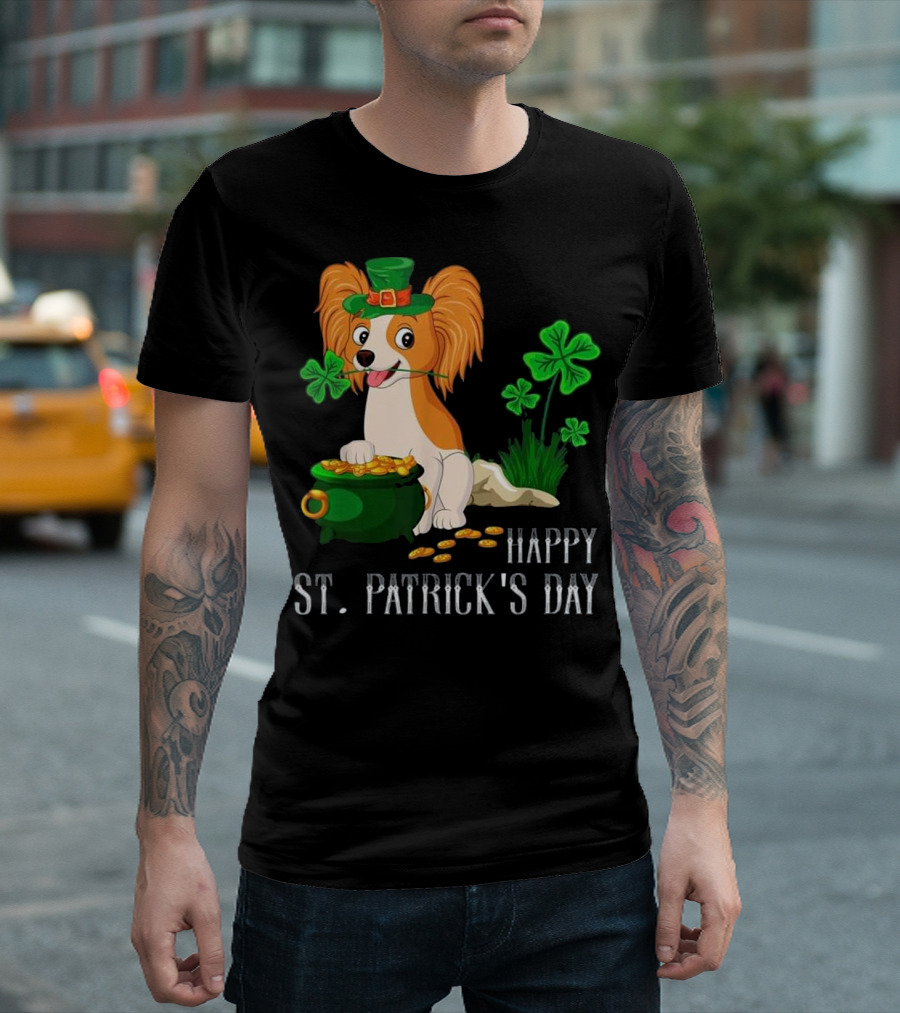 Happy St Patricks Day Funny Papillion with Gold Pot and Shamrocks T-Shirt