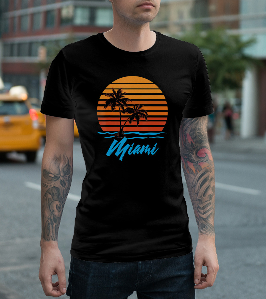Miami Sunset Palm Trees Beach Vacation Retro Sunstripe T-Shirt