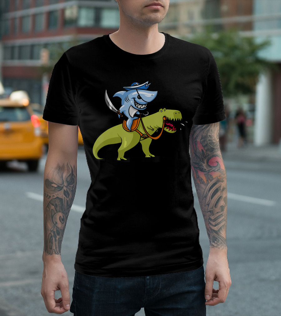 Shark Pirate Riding A T-Rex Dinosaur Fun Adventure T-Shirt