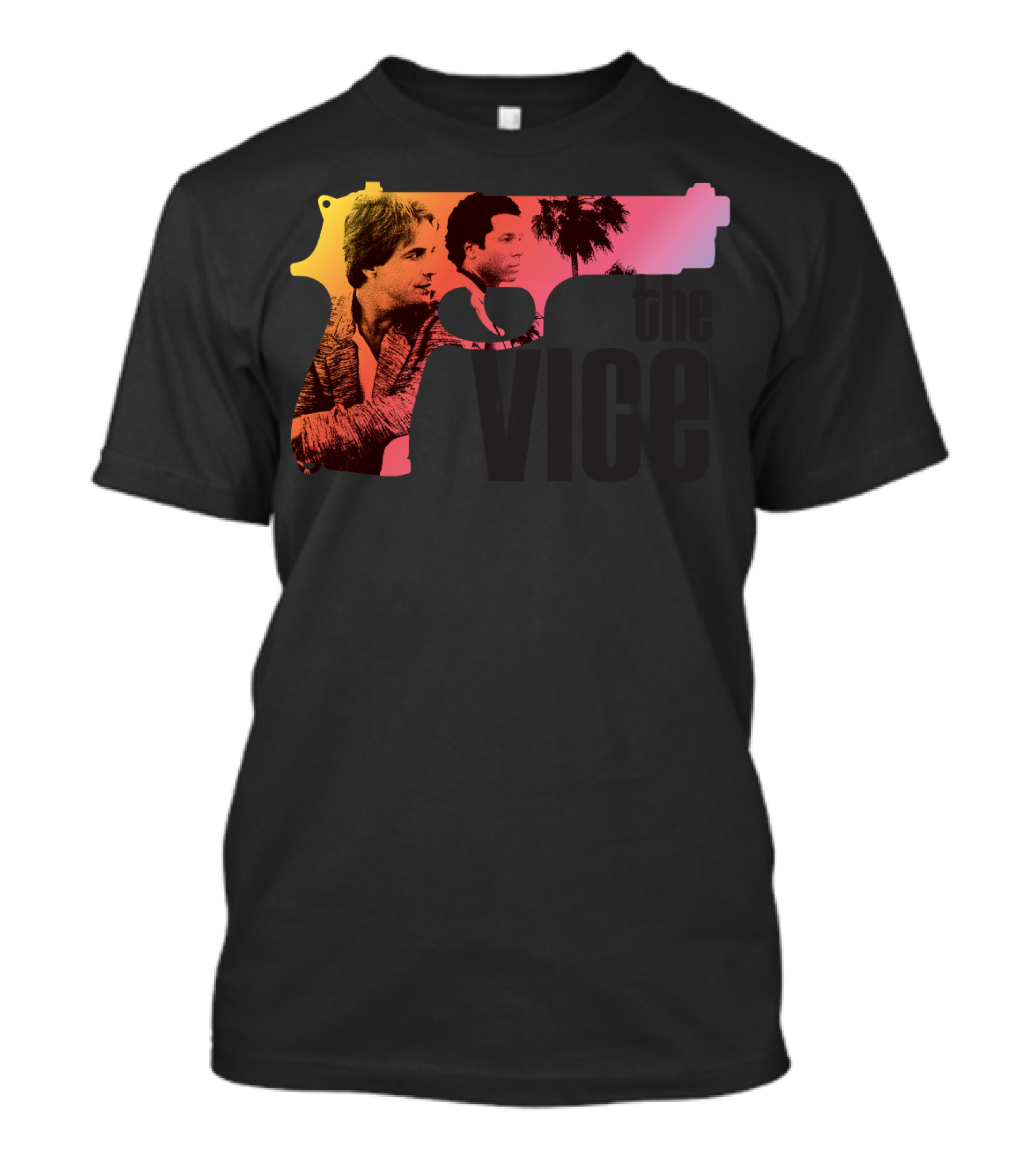 Miami Vice The Vice Neon Gun With Palm Trees And Characters T-Shirt