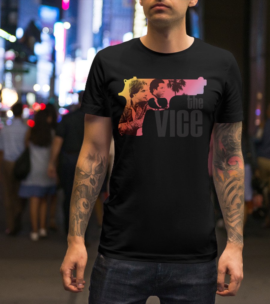 Miami Vice The Vice Neon Gun With Palm Trees And Characters T-Shirt