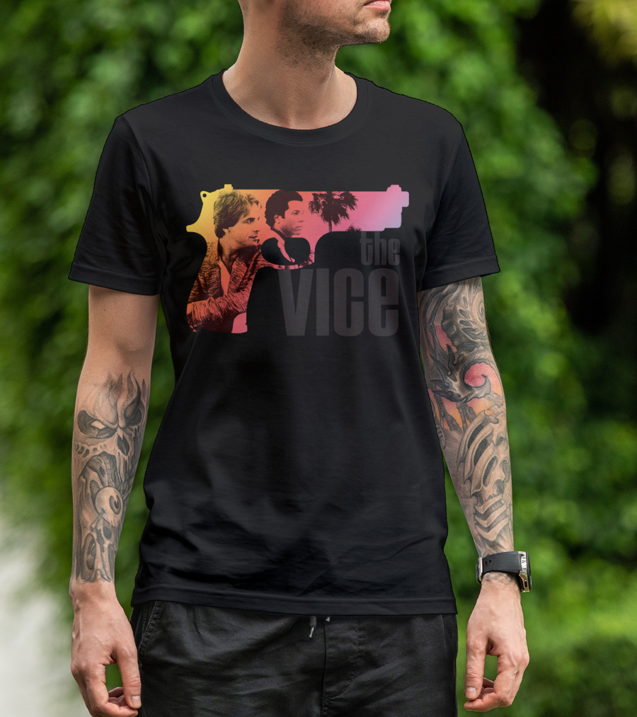 Miami Vice The Vice Neon Gun With Palm Trees And Characters T-Shirt