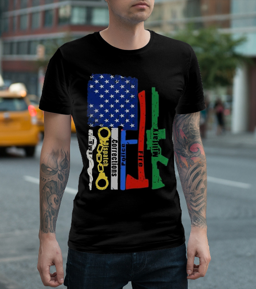 American Flag Symbol With EMS Fire Dispatch Corrections Police Fire Military T-Shirt