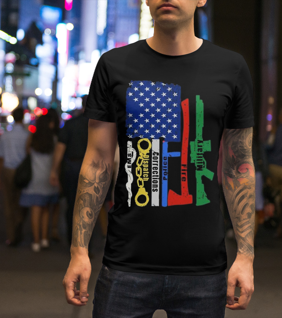 American Flag Symbol With EMS Fire Dispatch Corrections Police Fire Military T-Shirt