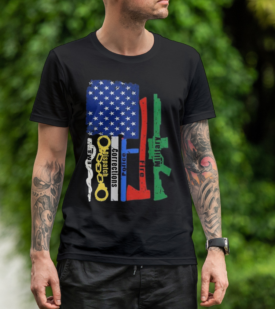 American Flag Symbol With EMS Fire Dispatch Corrections Police Fire Military T-Shirt