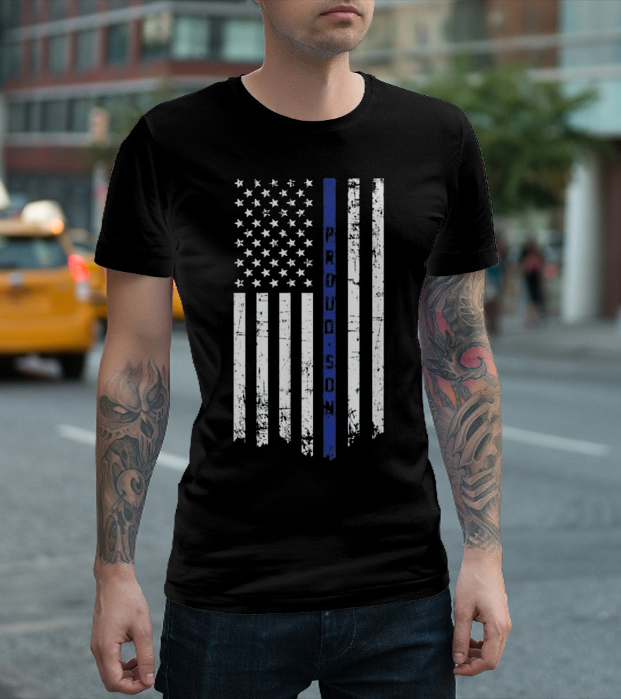 Proud Son Police Officer Thin Blue Line American Flag T-Shirt