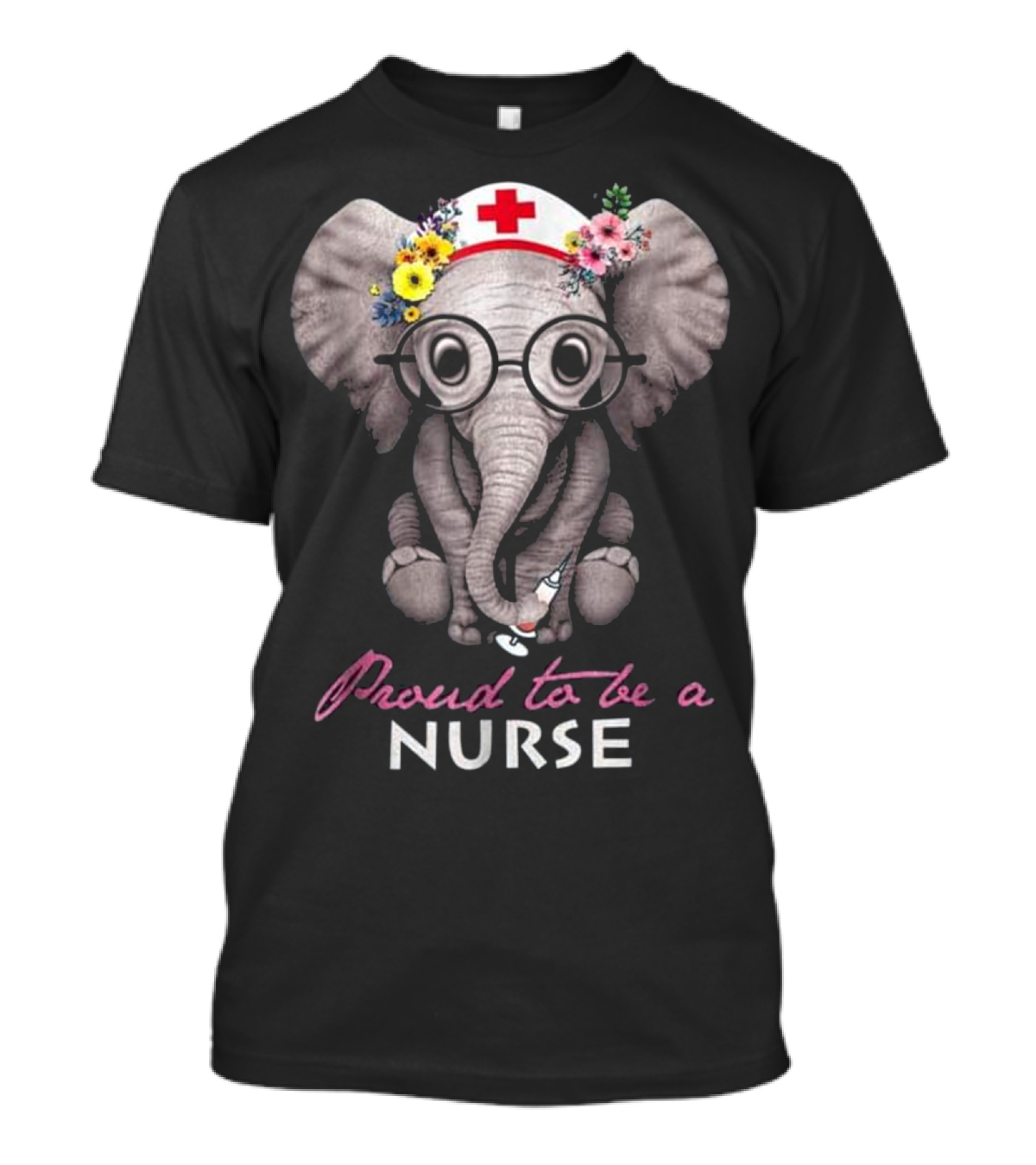 Proud To Be A Nurse Elephant With Glasses And Floral Nurse Cap T-Shirt