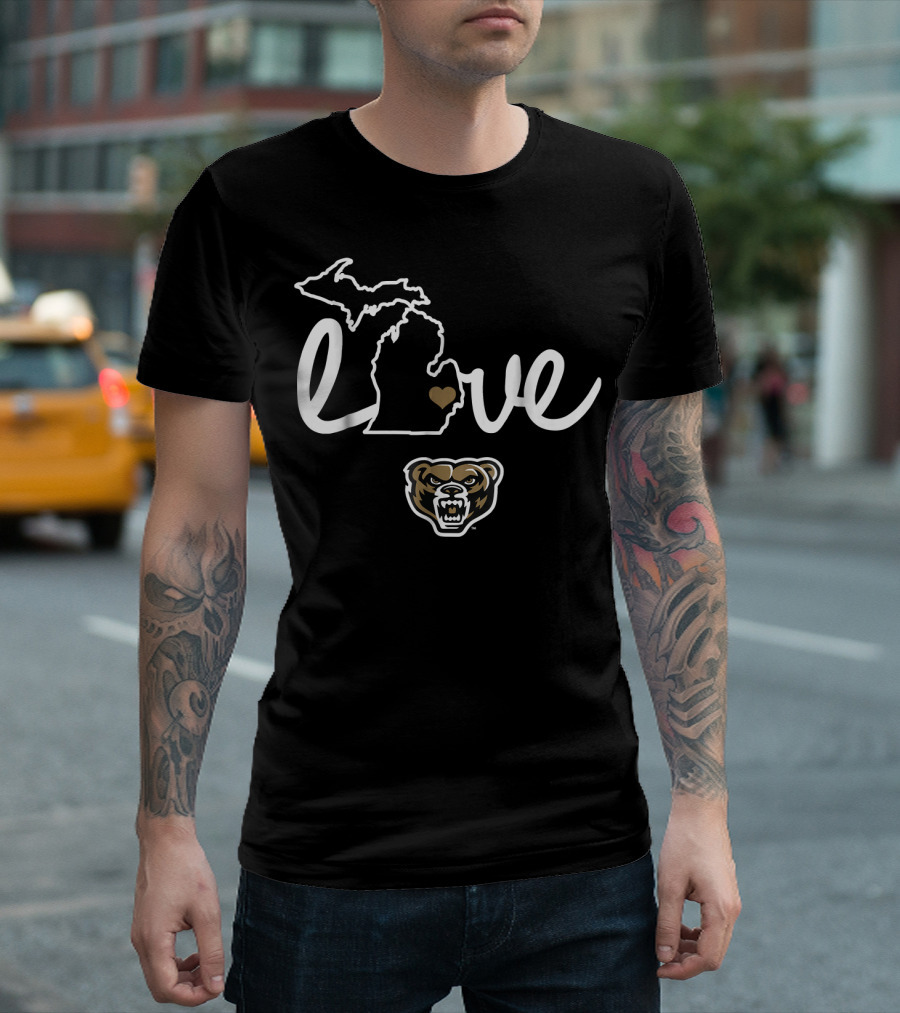 Oakland Golden Grizzlies Michigan Love Heart Map T-Shirt