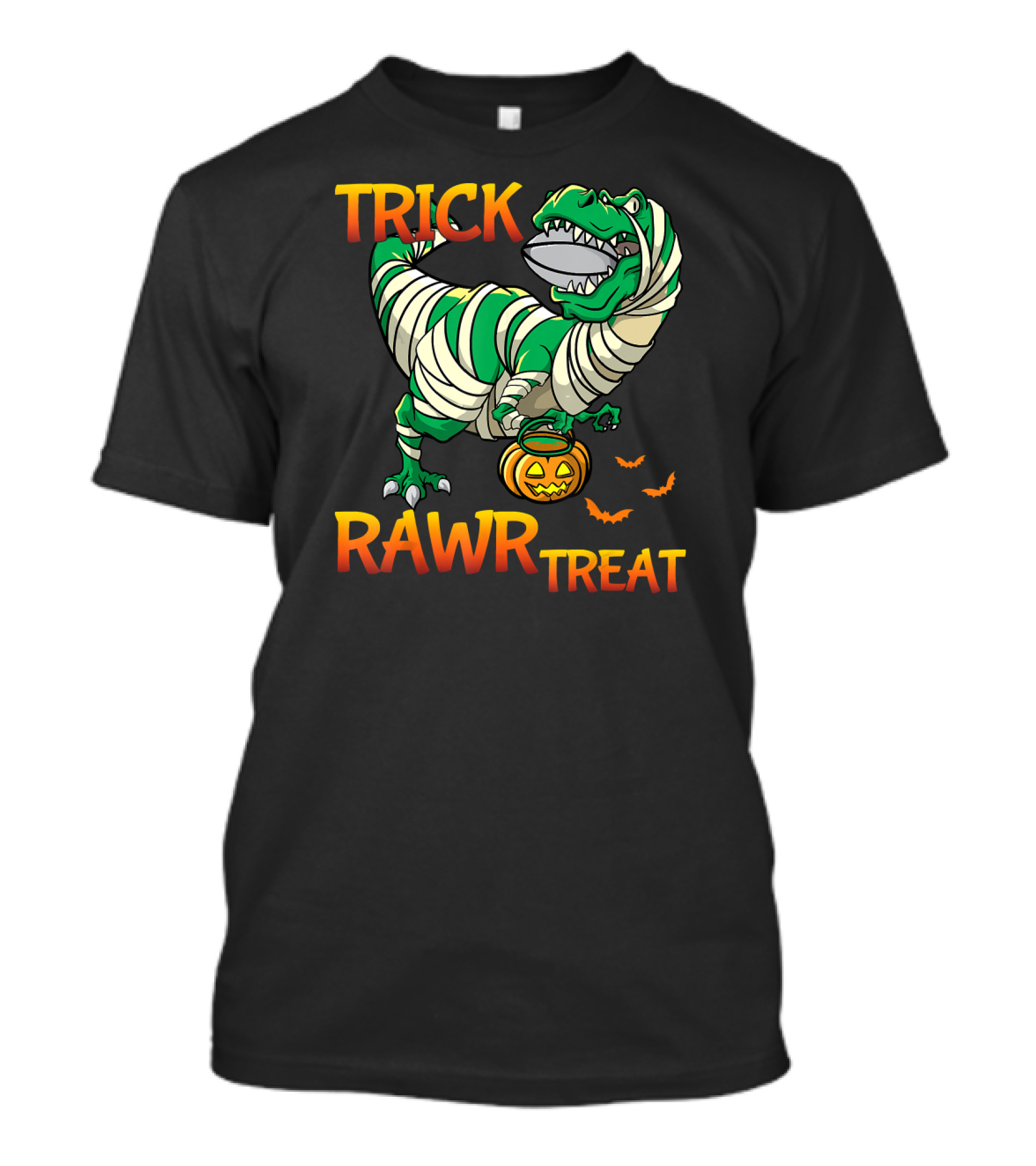 Trick Rawr Treat Rex Dinosaur Mummy With Pumpkin And Flying Bats T-Shirt