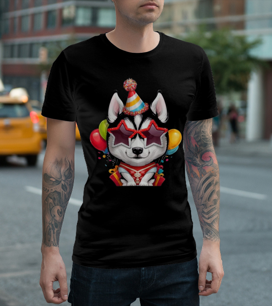 Siberian Husky in Star Glasses Party Hat Balloons T-Shirt