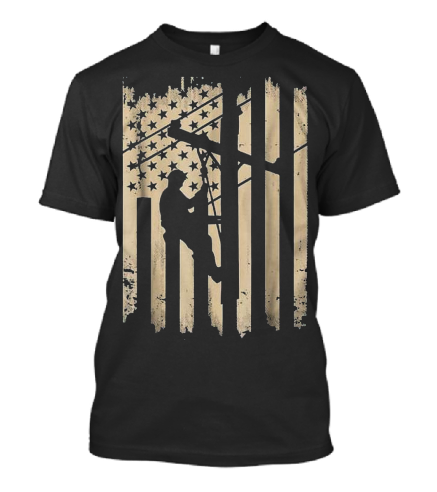 Lineman Climbing Utility Pole With American Flag Background Electrician T-Shirt