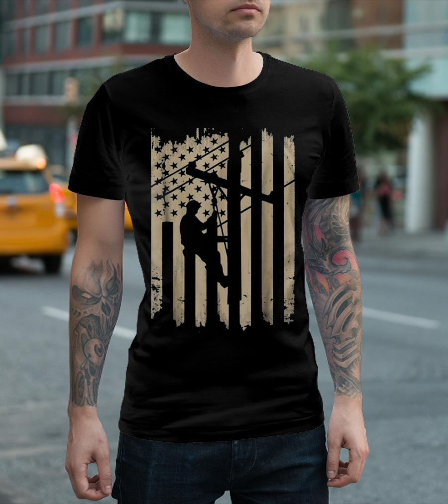 Lineman Climbing Utility Pole With American Flag Background Electrician T-Shirt