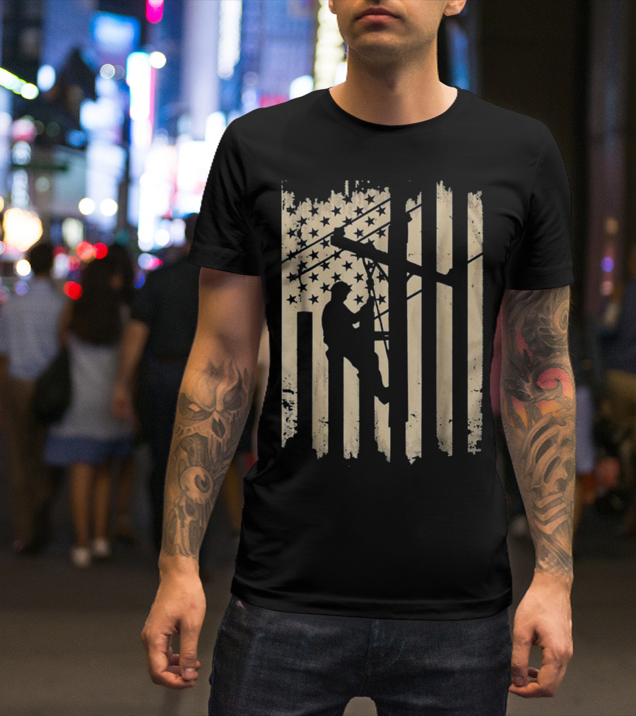 Lineman Climbing Utility Pole With American Flag Background Electrician T-Shirt