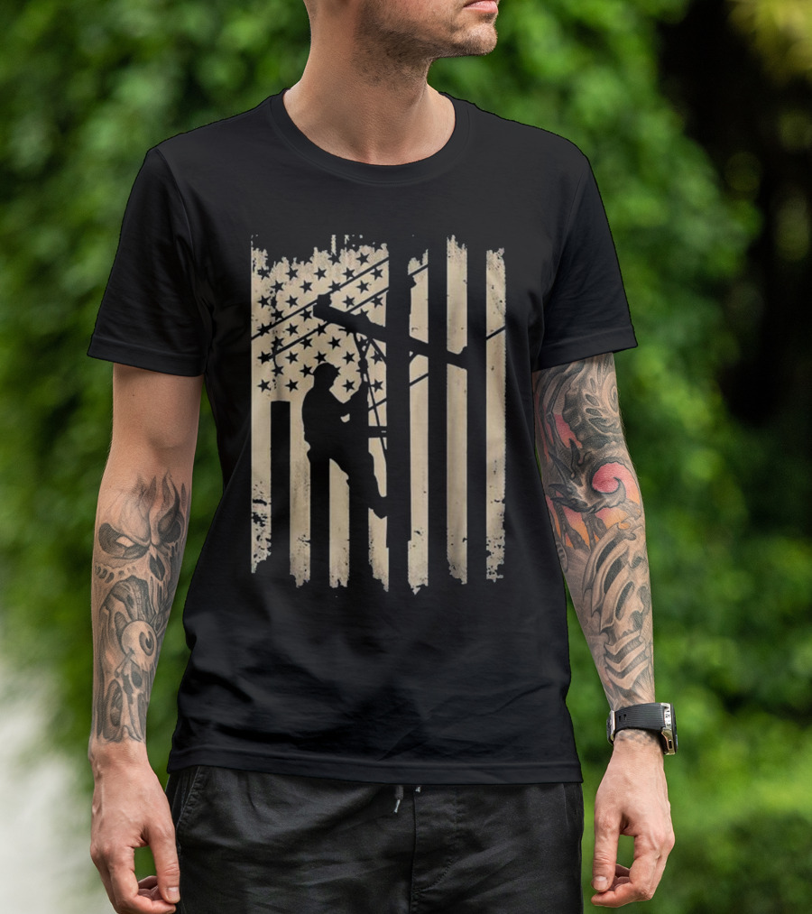Lineman Climbing Utility Pole With American Flag Background Electrician T-Shirt