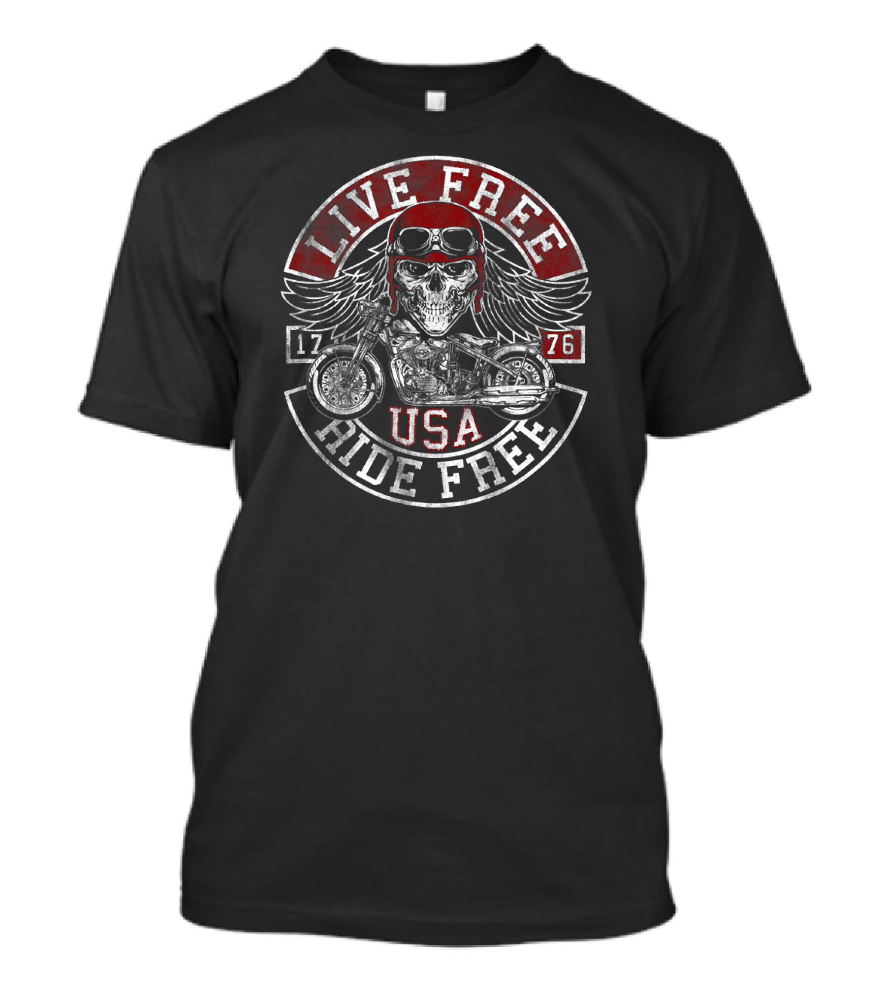 Live Free Ride Free USA 1776 Skull Motorcycle Wings T-Shirt