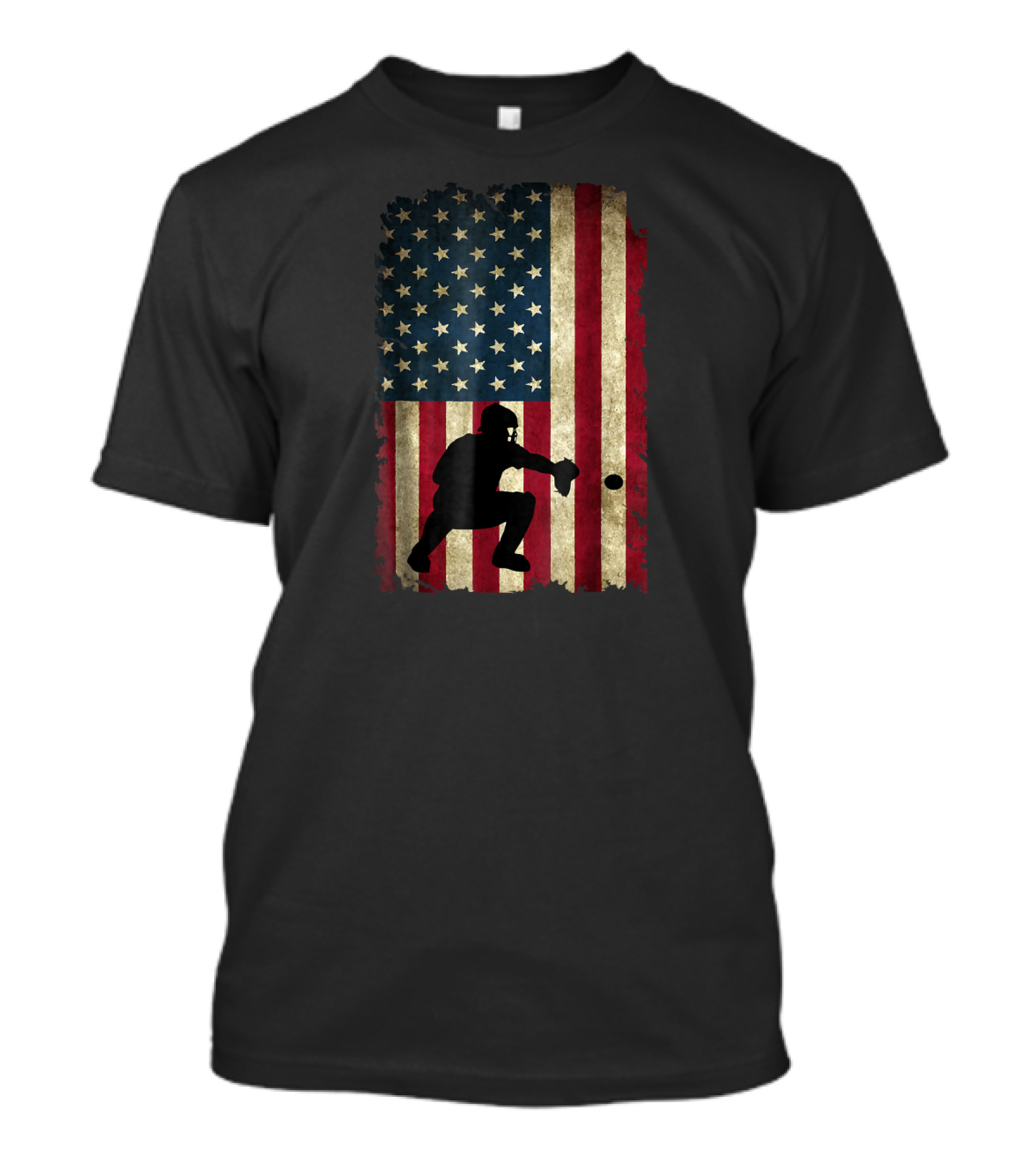 Baseball Catcher Silhouette On American Flag Background T-Shirt