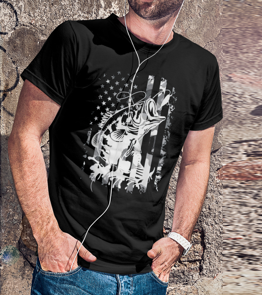 Fishing Camouflage USA Flag Bass T-Shirt