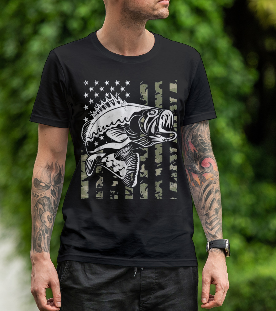 Fishing Camouflage Flag Bass T-Shirt