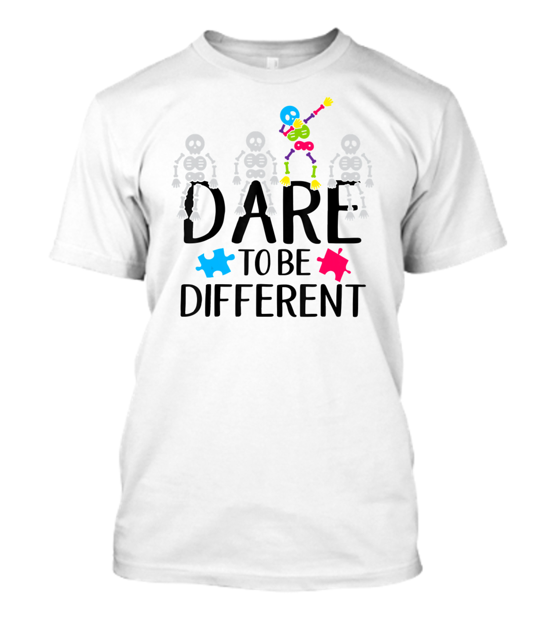 Dare To Be Different Autism Awareness Skeletons Puzzle Pieces T-Shirt