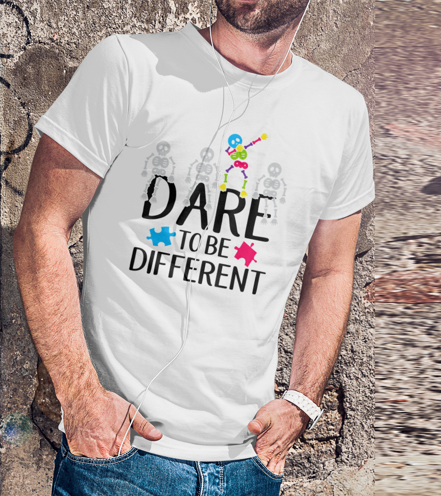 Dare To Be Different Autism Awareness Skeletons Puzzle Pieces T-Shirt
