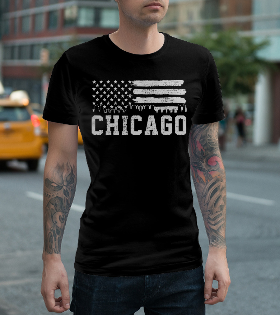 Chicago Skyline American Flag USA 4th Of July T-Shirt