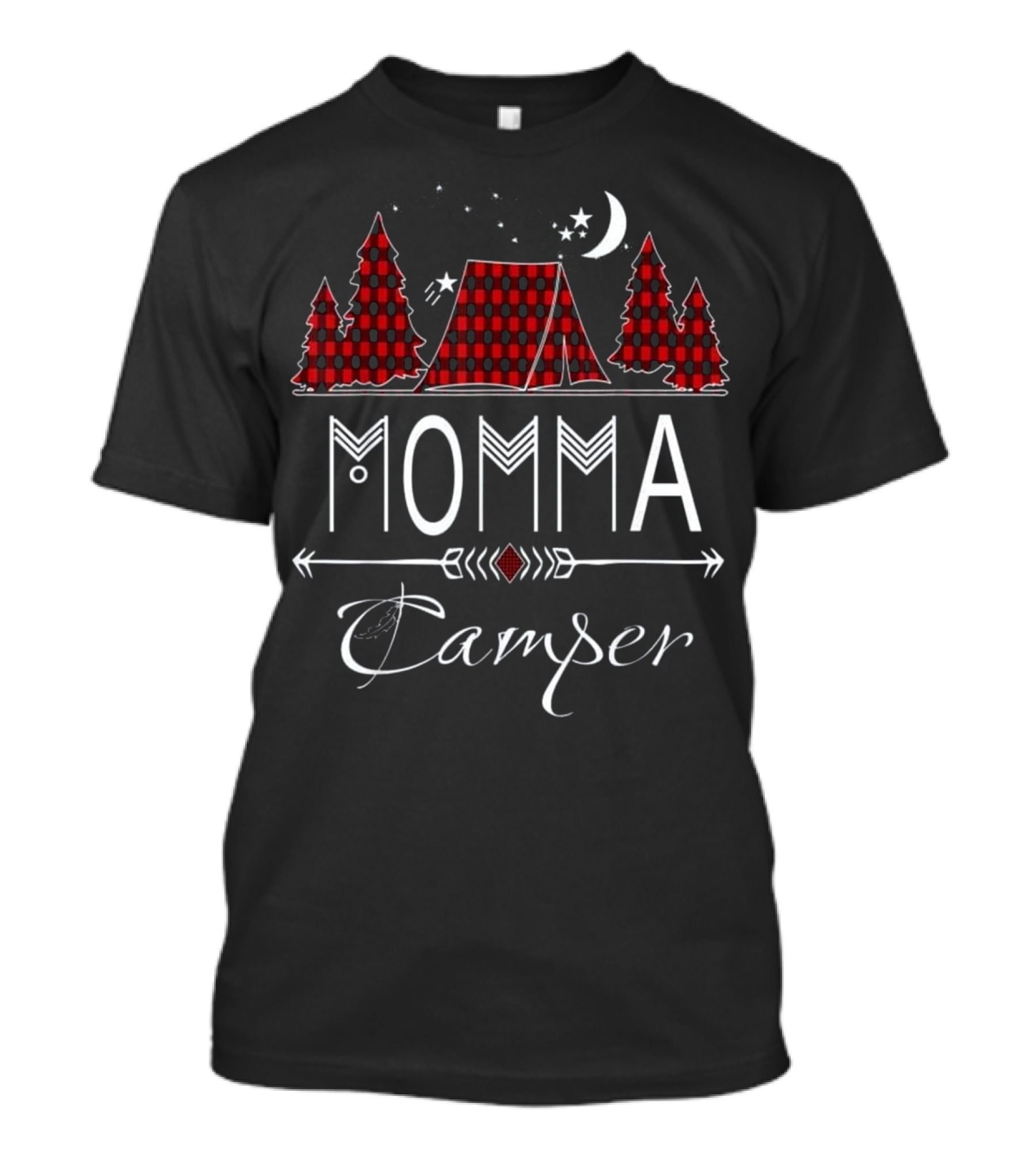 Momma Camper Red Plaid Tent And Pine Trees Under Starry Night T-Shirt