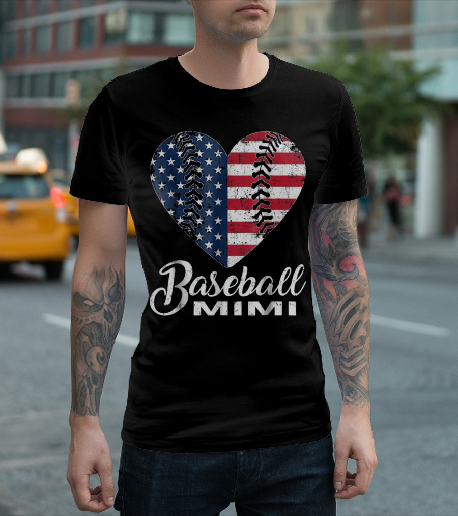 Baseball Mimi American Flag Heart T-Shirt