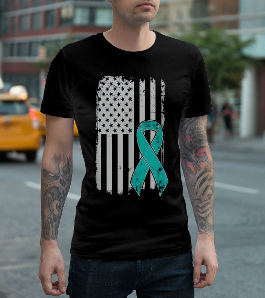 PTSD Awareness American Flag Teal Ribbon Military Support T-Shirt