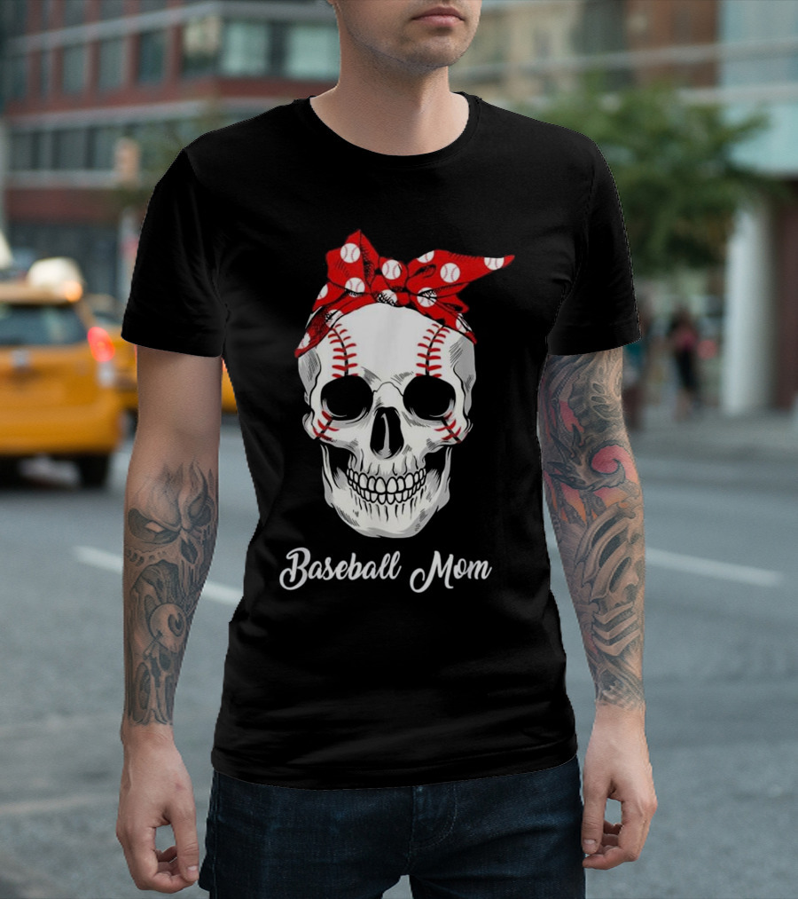 Baseball Mom Skull Red Bandana T-Shirt