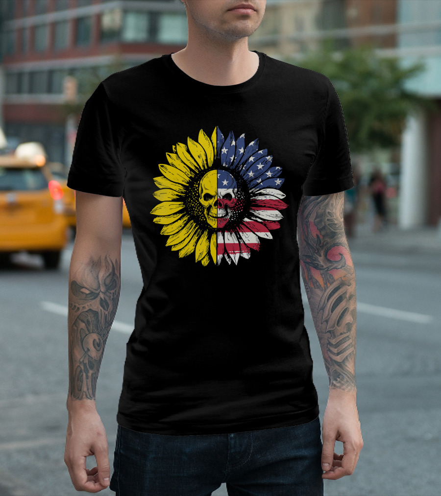 Skull Sunflower American Flag Split T-Shirt