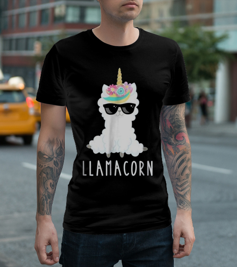 Llamacorn Girls Llama Unicorn Sunglasses Flower Crown Fashion T-Shirt