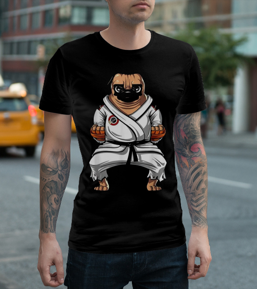 Pug Dog in Karate Gi Martial Arts Ninja Pose T-Shirt
