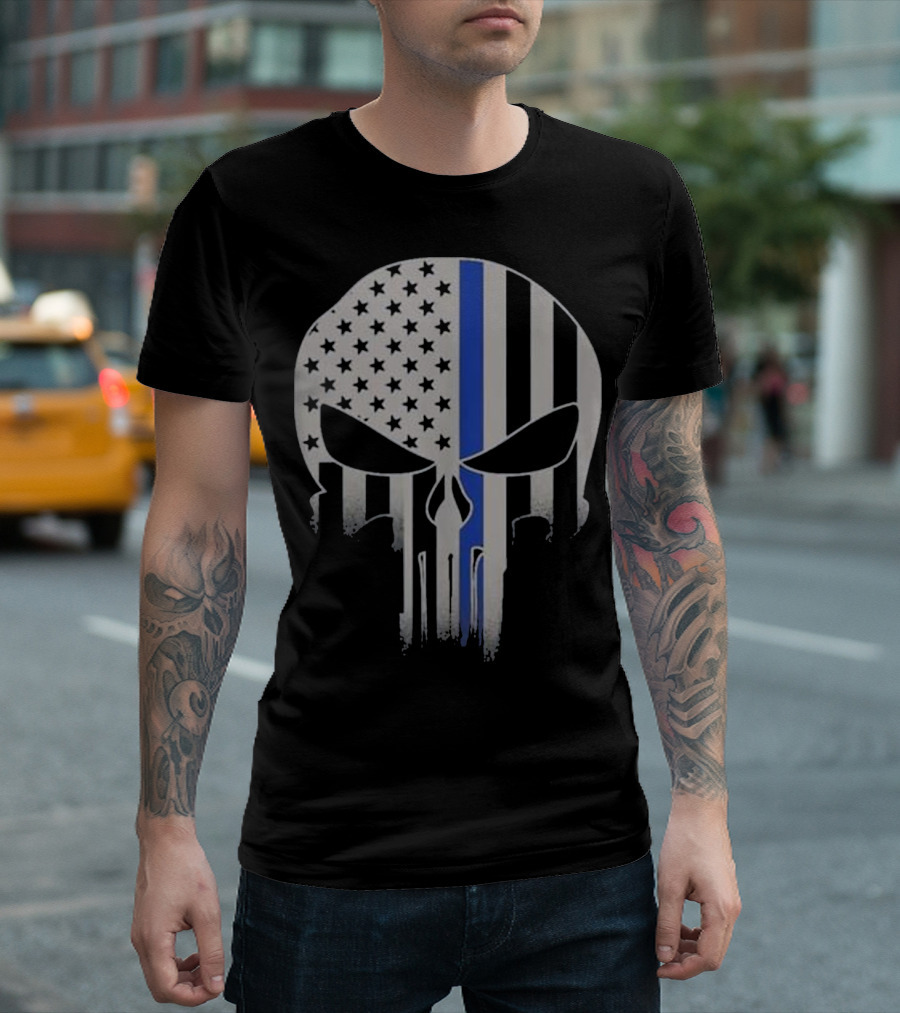 Skull American Flag Thin Blue Line Police Thin Red T-Shirt