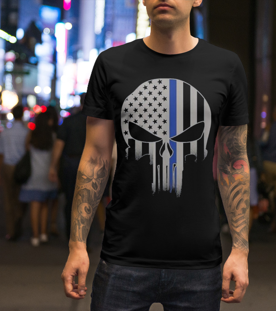 Skull American Flag Thin Blue Line Police Thin Red T-Shirt