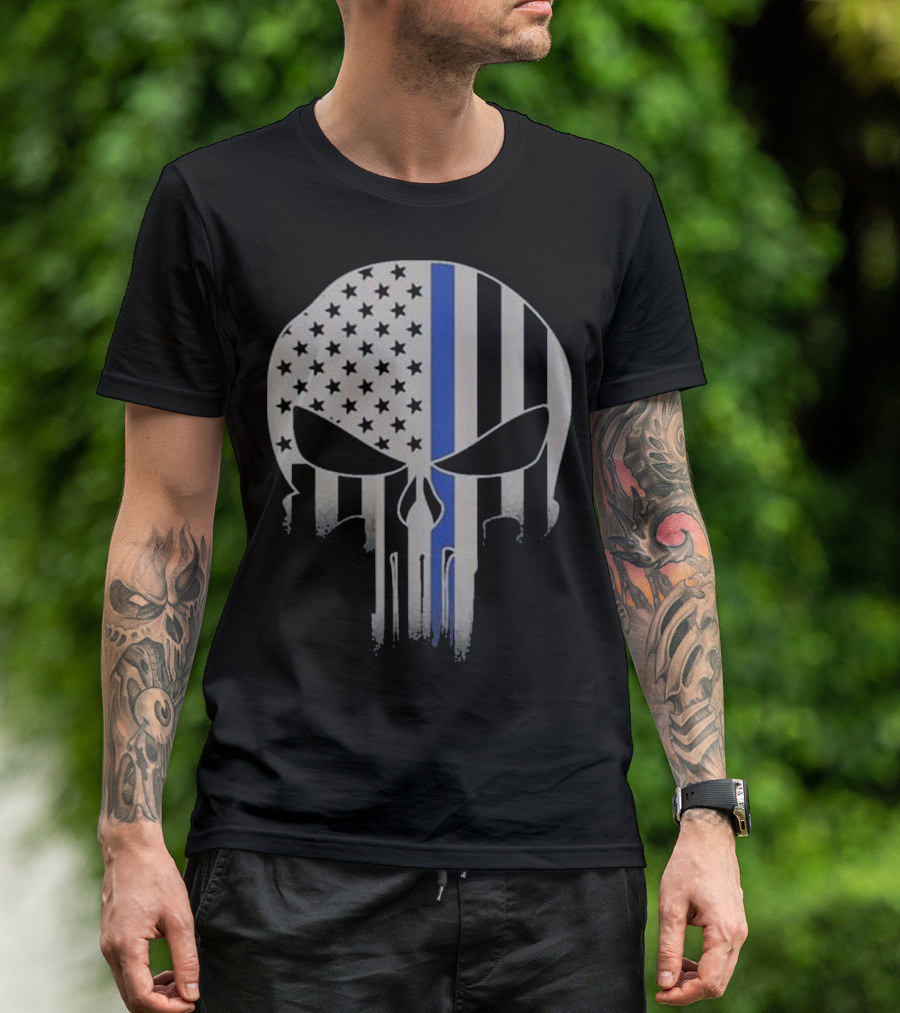 Skull American Flag Thin Blue Line Police Thin Red T-Shirt