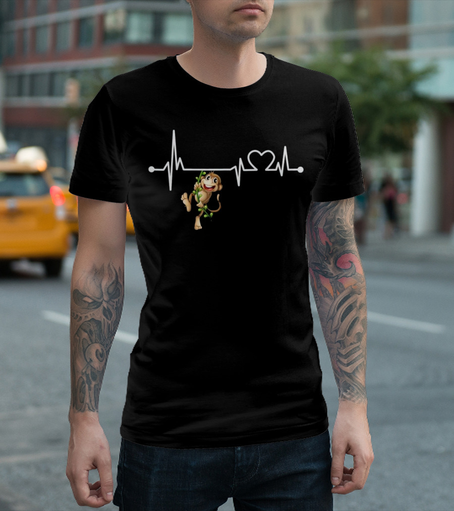Monkey Heartbeat Funny Animal Cool Hanging on Vine T-Shirt