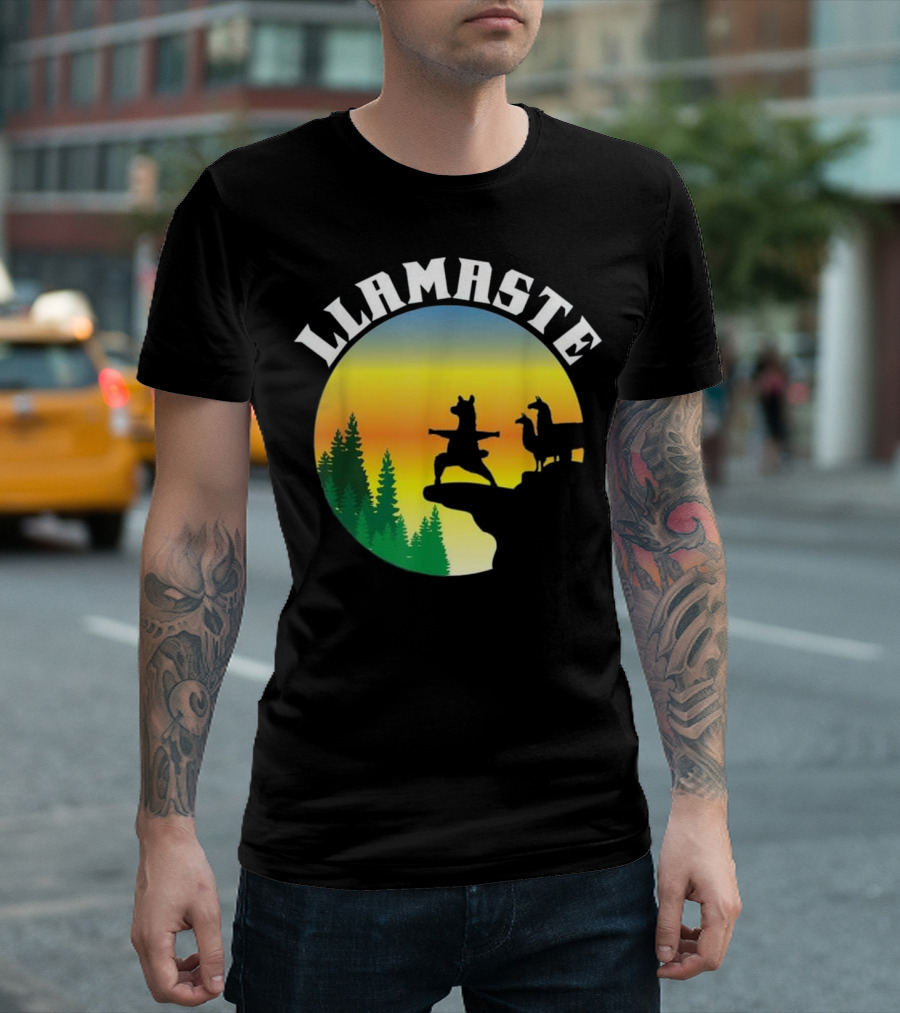 Llamaste Yoga Sunset with Woodland Animals and Mountain T-Shirt