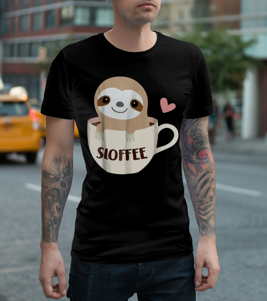 Sloffee Sloth Coffee Funny Coffee Cute Sloth in Cup with Heart T-Shirt