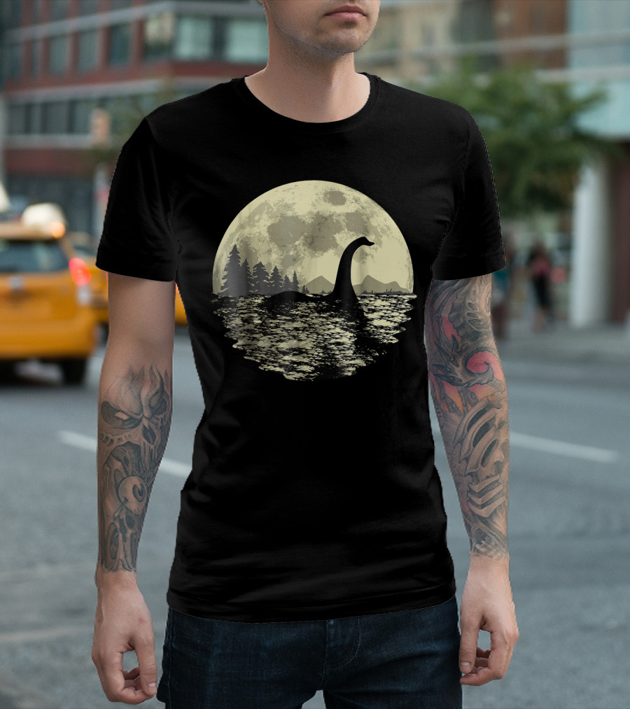 Loch Ness Monster Moonlight Lake Swim Silhouette By Moon T-Shirt