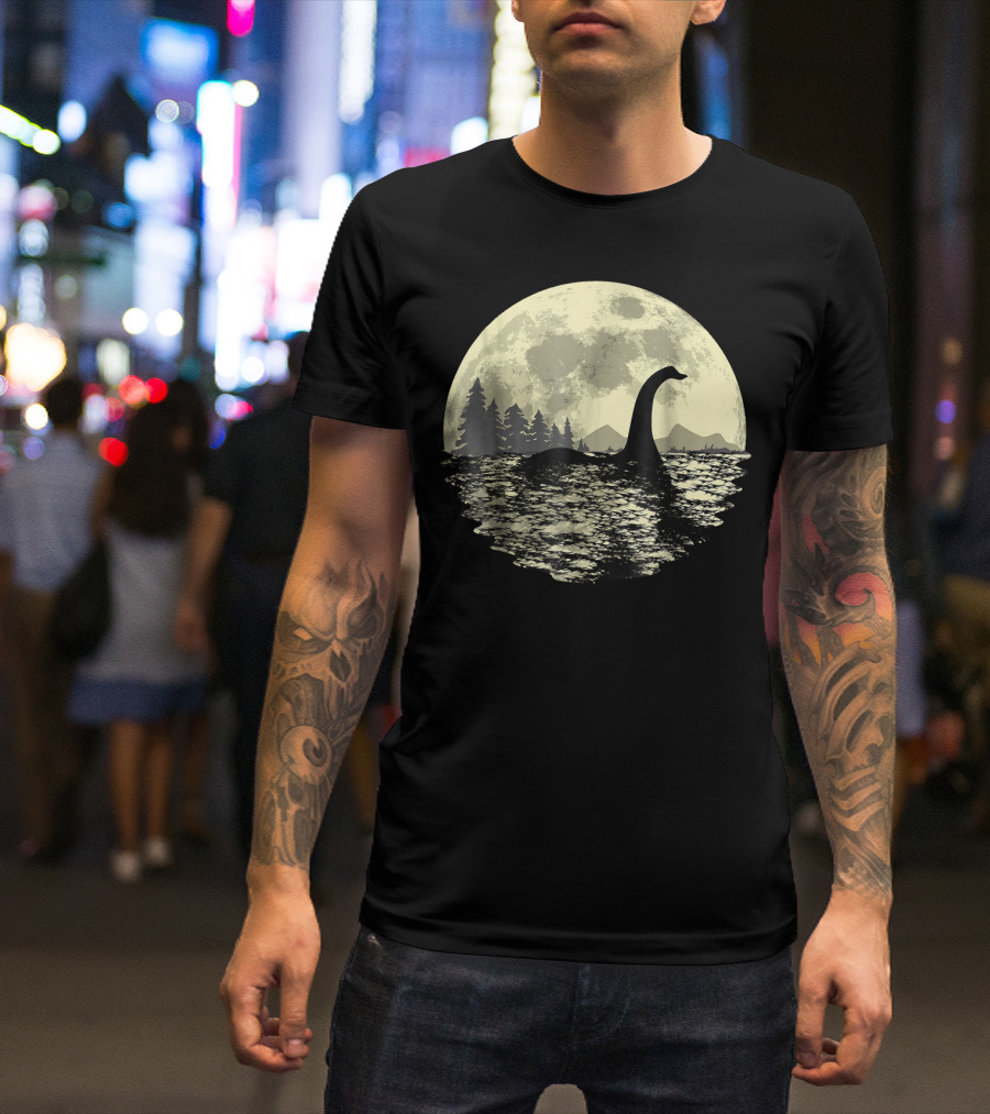 Loch Ness Monster Moonlight Lake Swim Silhouette By Moon T-Shirt