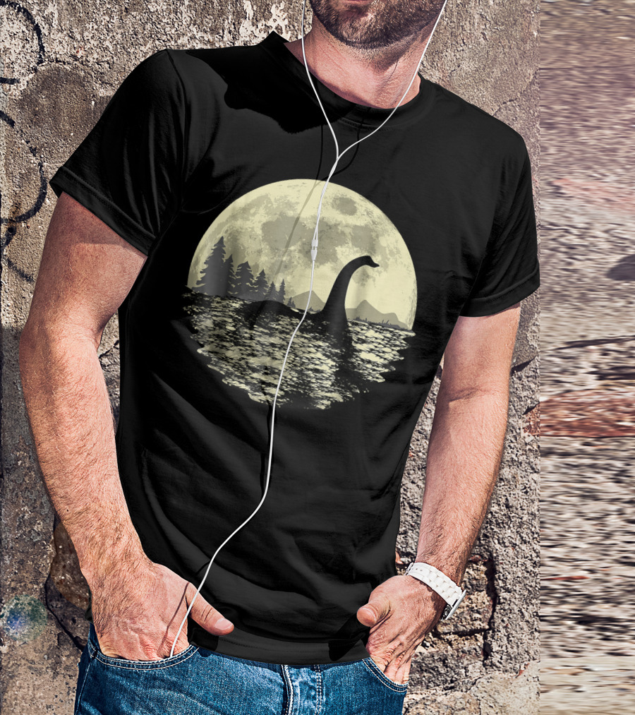 Loch Ness Monster Moonlight Lake Swim Silhouette By Moon T-Shirt