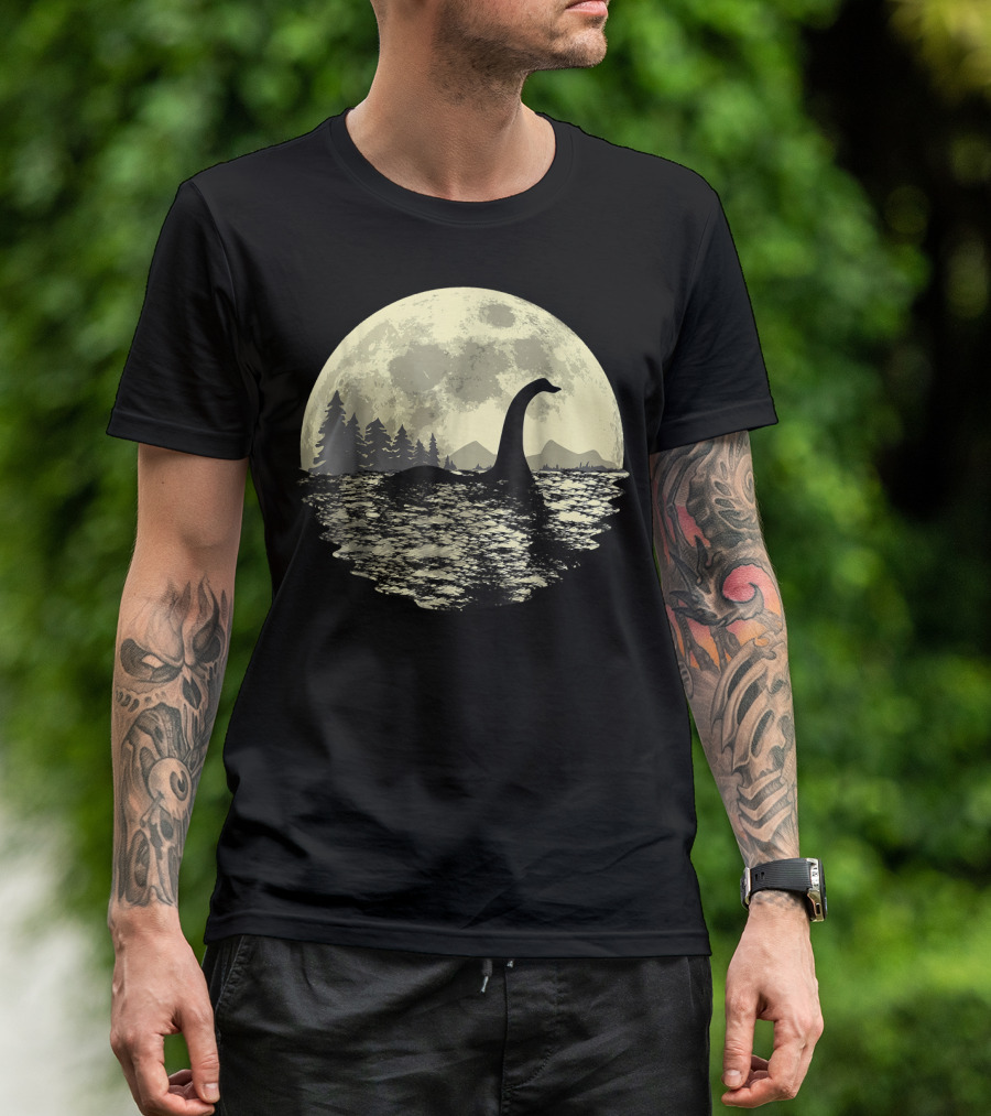 Loch Ness Monster Moonlight Lake Swim Silhouette By Moon T-Shirt