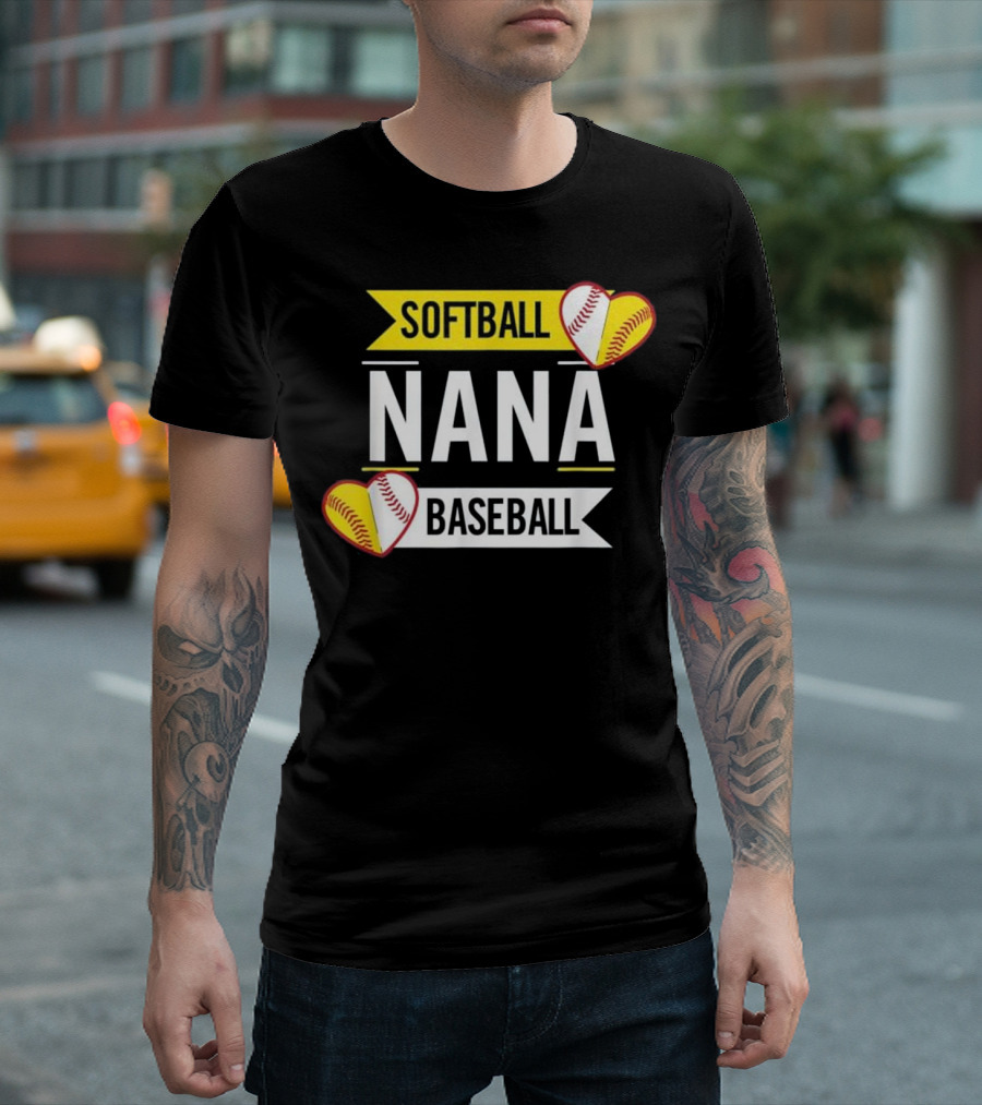 Softball Baseball Nana Mother's Day Gift Baseball Heart Softball Heart T-Shirt