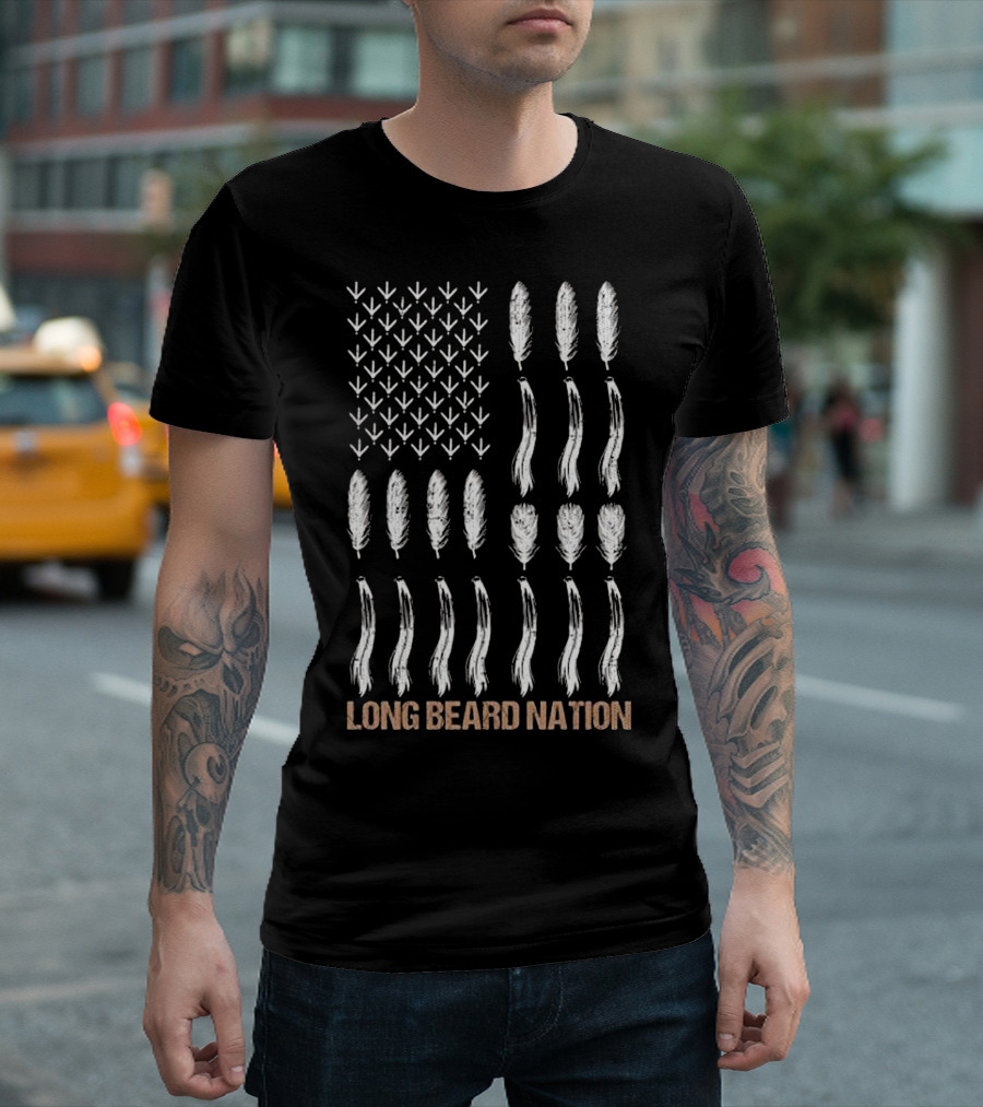 Long Beard Nation Turkey Hunting Flag Feathers T-Shirt