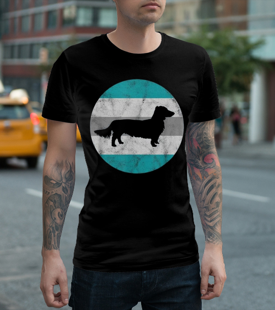 Long Haired Dachshund Silhouette on Teal and Gray Stripes T-Shirt