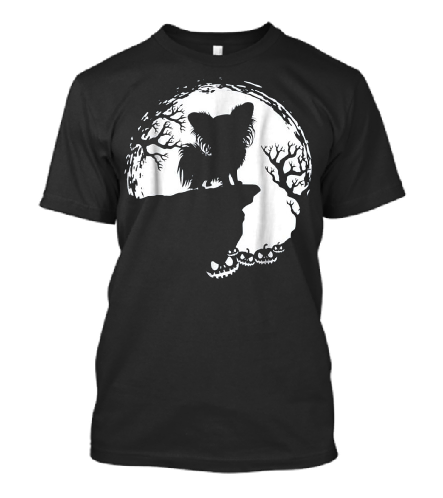 Moonlit Silhouette Of Dog With Pumpkin And Tree Scene T-Shirt
