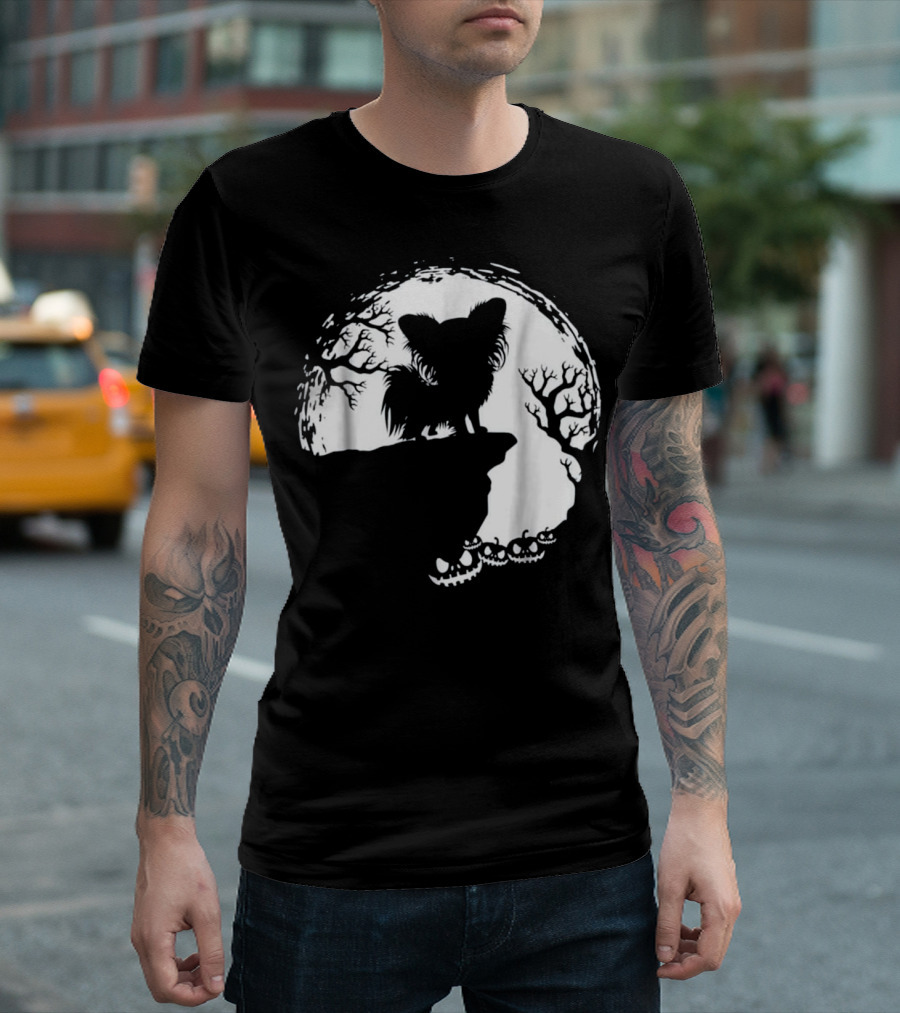 Moonlit Silhouette Of Dog With Pumpkin And Tree Scene T-Shirt
