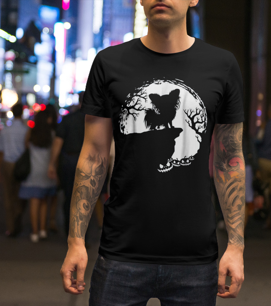 Moonlit Silhouette Of Dog With Pumpkin And Tree Scene T-Shirt