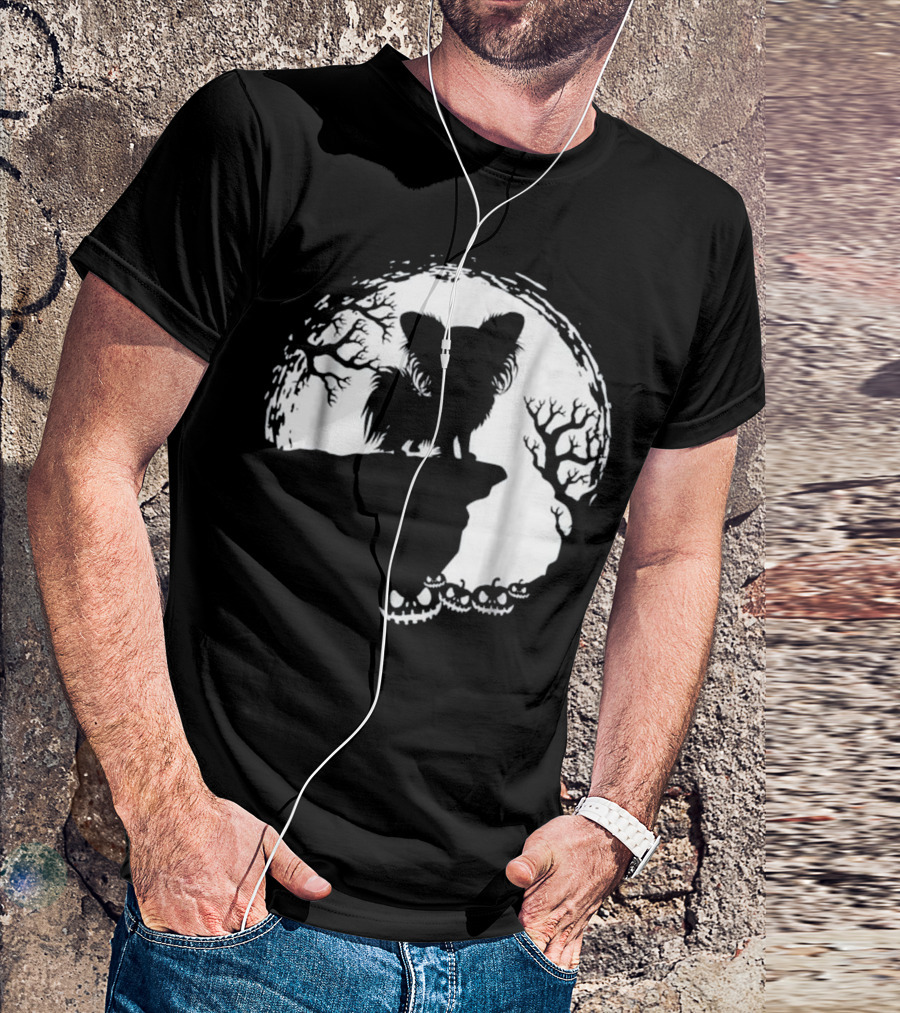 Moonlit Silhouette Of Dog With Pumpkin And Tree Scene T-Shirt